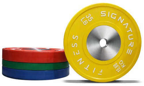 Signature Fitness Fitvids 2" Olympic Competition Bumper Plate with Steel Hub for Strength Training and Powerlifting - Minimal Bounce – 35LBS Single – 35-Pound, Single – Yellow