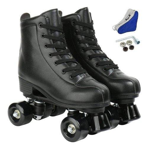 XUDREZ Double-Row Roller Skates for Unisex - PU Leather High-Top Four-Wheel Shiny Skates (Black Wheel, Women's 10.5 / Men's 9)