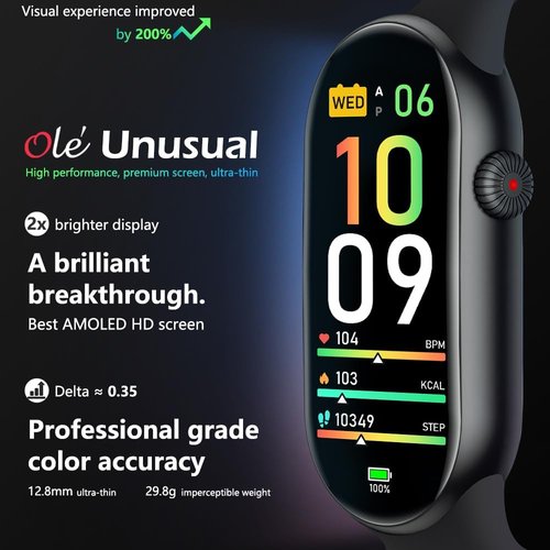 FITVII Slim Fitness Tracker - AMOLED Display, Blood Oxygen & Pressure Monitoring | IP68 Waterproof, 24/7 Heart Rate Tracking