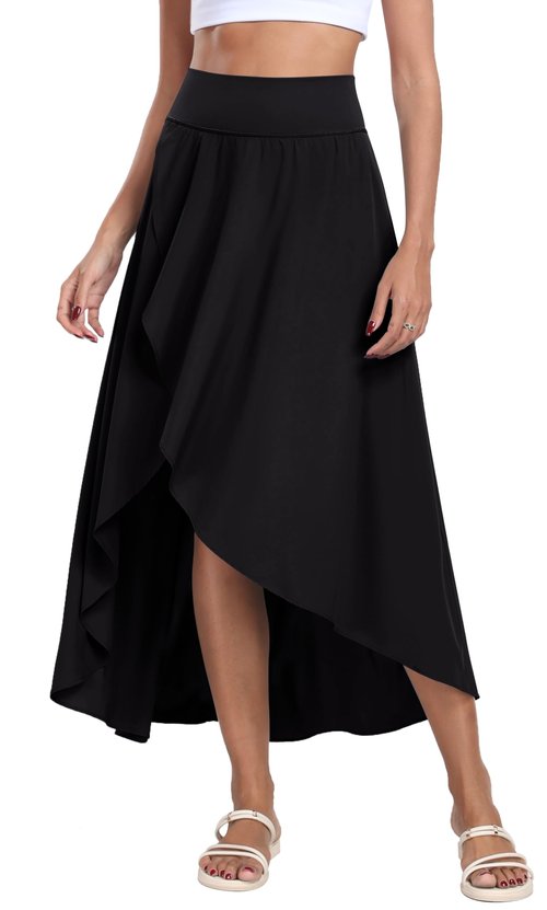 IUGA High Waist Maxi Skirt with Slit Ruffle Wrap Skirt Trendy Flowy Skirts for Women Long Skirts with Shorts Underneath Black