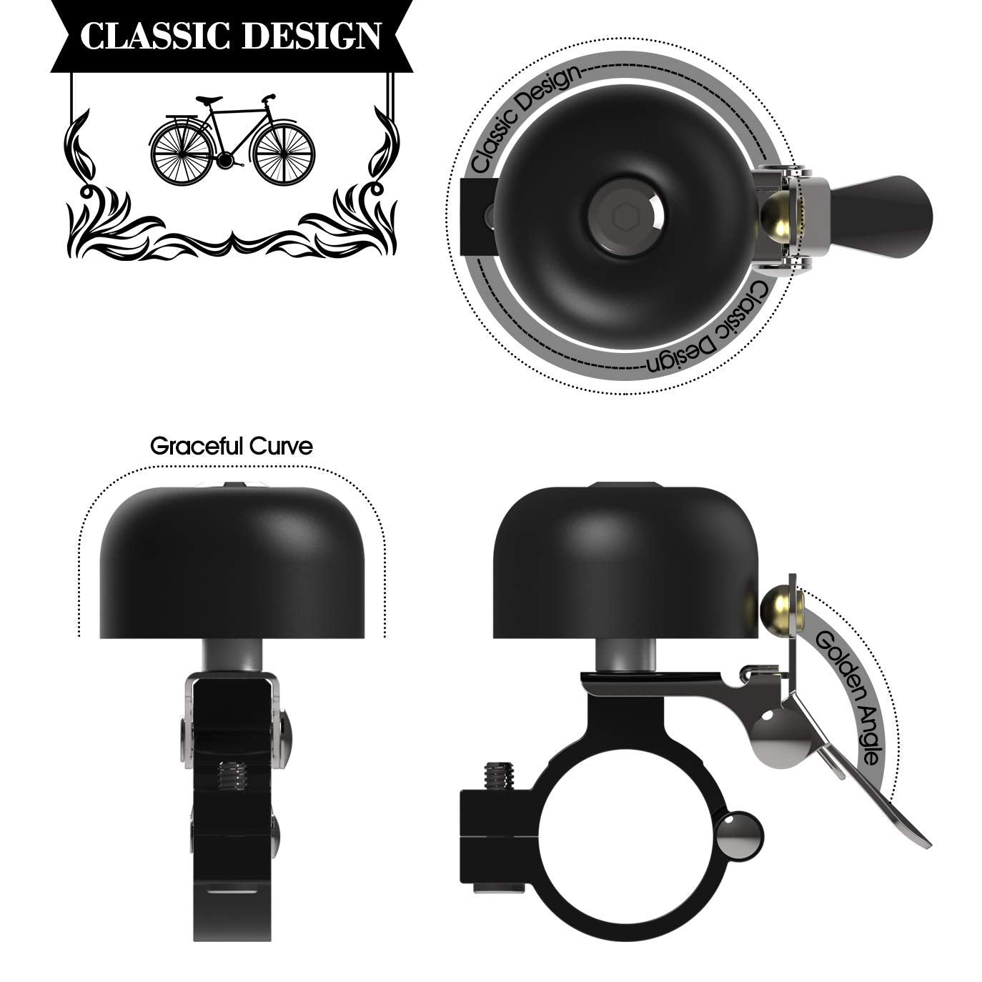 Vintage Brass Bike Bell – Loud & Clear 90dB Sound, Durable Metal Bicycle Bell for Adults & Kids, Fits 0.87'' - 1.25'' / 22.2-31.8mm Handlebars, Easy Install for Road & Mountain Bikes