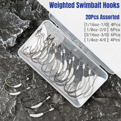 Assorted Weighted Fishing Hooks 20Pcs | 1/16-1/4oz, 1/0-4/0, Weedless Bait Keeper