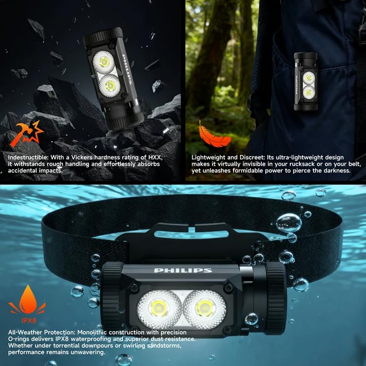 Philips SFL3255 LED Headlamp Rechargeable,1500 Lumens Super Bright Aluminium Magnetic Attraction Head Light Flashlight,Adults-Camping Accessories Gear,5 Modes for Outdoor Setting,USB Cable Included