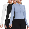 Shyyween Women's Slim Fit Cropped Workout Jacket - Zip-Up Athletic Tops with Thumb Holes | 3 Pack