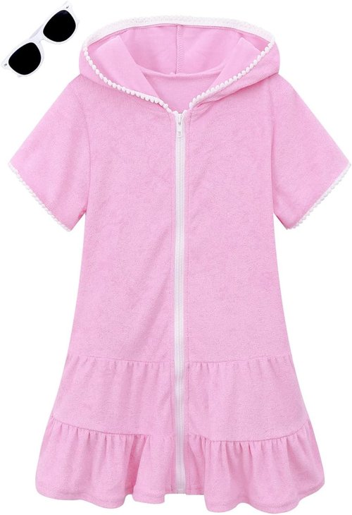 LUCKYGAL Girls Swim Cover-Up - Terry Zip-Up Beach Bathing Suit Wrap with Sunglasses | Stylish & Fun