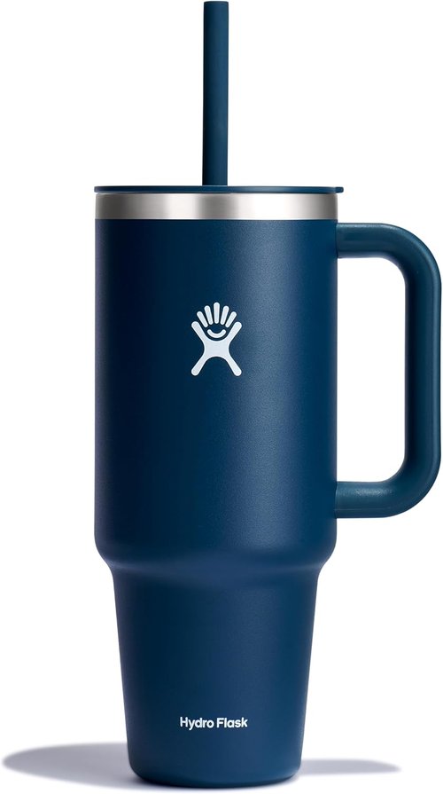 Hydro Flask Travel Tumbler - Insulated Stainless Steel with Handle, Lid & Straw | 40 Oz Indigo Blue