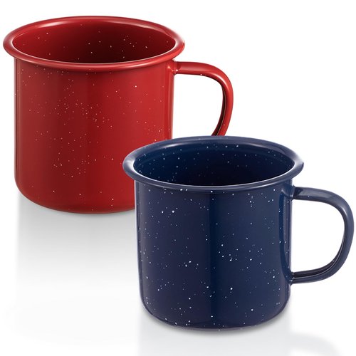 Mimorou 2 Pcs 16 oz Enamel Mugs Outdoor Camping Coffee Cups for Hot Cold Beverages Durable for Home, Travel, Beach (Red, Blue)