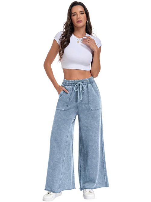 TITOMD Womens Wide Leg Sweatpants Jeans Acid Wash Denim Sweatpant Drawstring 2026 High Waist Baggy Casual Palazzo Pants Navy XL