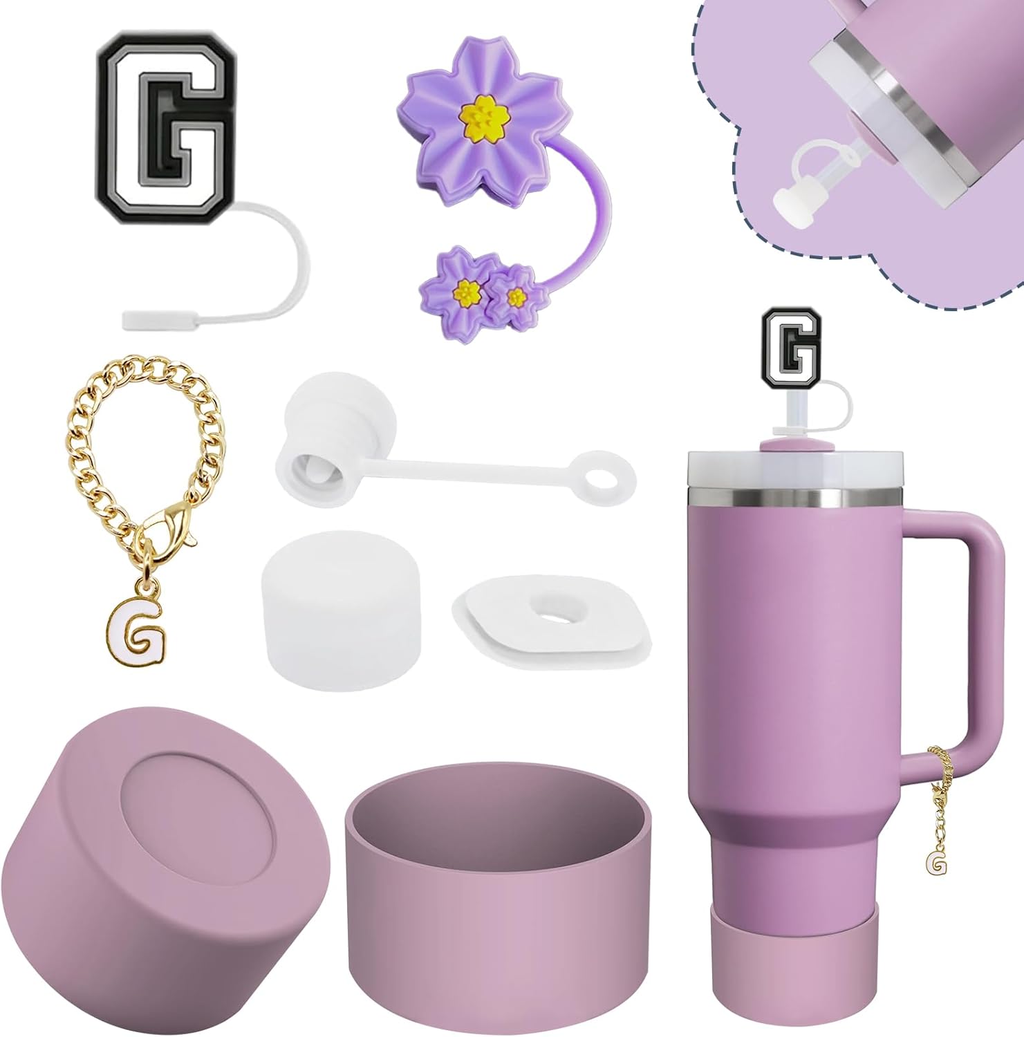 Stanley Cup Accessories Set - 2 Straw Covers, 1 Spill-Proof Stopper & 1 Handle Charm for 30/40 Oz Tumblers