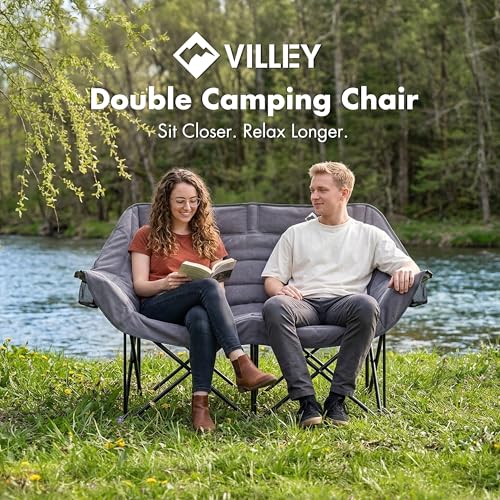 Villey Oversized Double Camping Chair Grey Heavy-Duty Folding Loveseat
