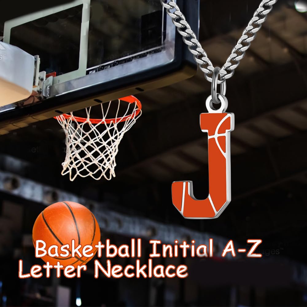 AIAINAGI Basketball Initial A-Z Letter Necklace for Men Basketball Charm Pendant Stainless Steel Silver Chain 22 inch Personalized Gift for Men(J)