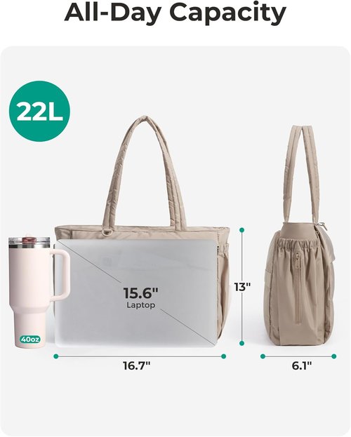 BAGSMART Tote Bag for Women - 22L Puffer Gym Bag | Holds 40oz Tumbler, Yoga Mat & 15.6" Laptop
