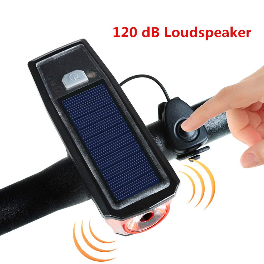 Ultra Bright Solar-Powered and USB Rechargeable Mountain Bike Front Lights 5 Modes 120db Bicycle Electric Bell Horn 350 Lumens 4 Mode Waterproof Bicycle Headlight, Road Cycling Safety Charging Lights