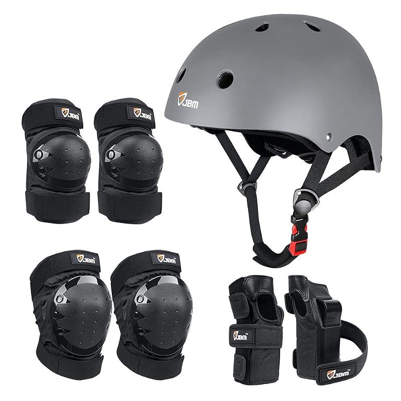 JBM Protective Gear Set for Beginners to Pros, Helmet with Knee Elbow Pads & Wrist Guards, Gray Large