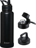 OLDLEY 40 oz Insulated Water Bottle - Stainless Steel Sports Flask with 3 Lids | Black Travel Mug