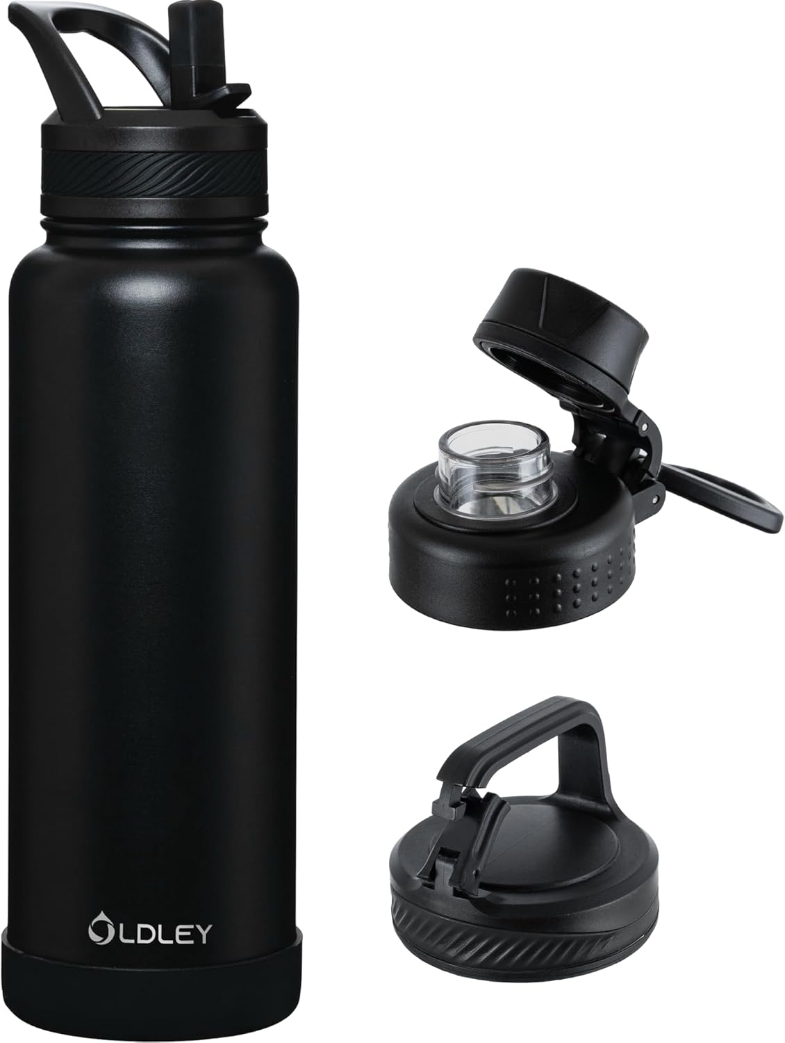 OLDLEY 40 oz Insulated Water Bottle - Stainless Steel Sports Flask with 3 Lids | Black Travel Mug