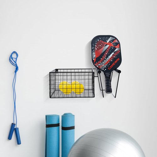 MyGift Pickleball Paddle Holder for Wall Holds 5 Paddles and Balls Pickleball, 16 Inch Metal Hanging Equipment Organizer with Racket Holder and Basket for Balls