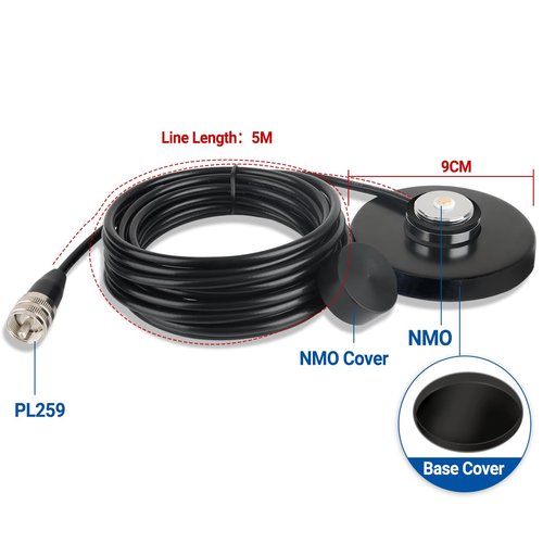 NMO Antenna Mount Magnetic Base with PL259 Male Connector, 16.4FT(5 Meters) Coaxial Cable, Dust Cover Cap for HF VHF UHF NMO GMRS Mobile Car Truck CB Ham Radio Antenna