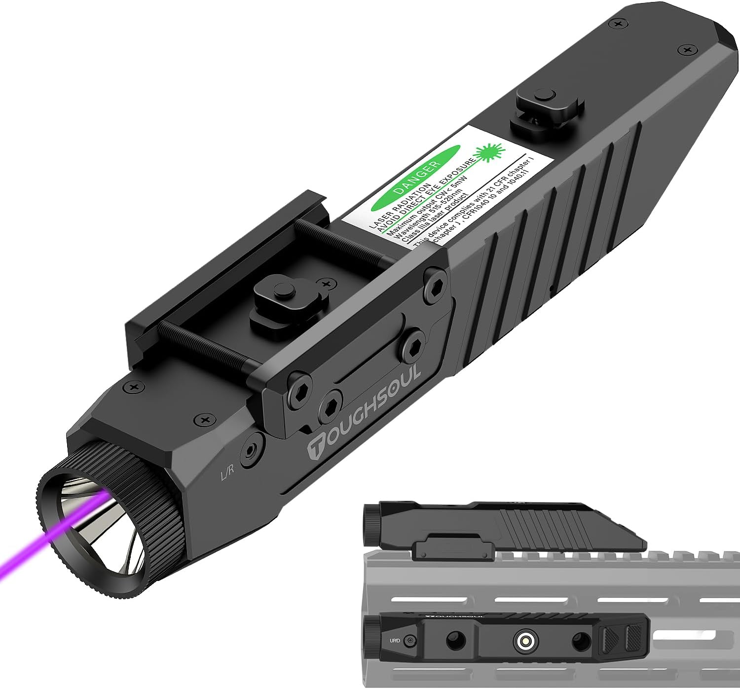 TOUGHSOUL Tactical Flashlight - 1450 Lumen with Purple Laser Sight & Rechargeable Battery | Durable Polymer Body