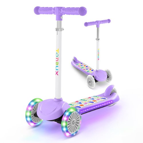 TONBUX Kids Scooter for Ages 3-8, Toddler Scooter with Light-Up Deck and Wheels, Adjustable 4-Level Height 3-Wheel Scooters for Kids, Lean-to-Steer Design (Purple)