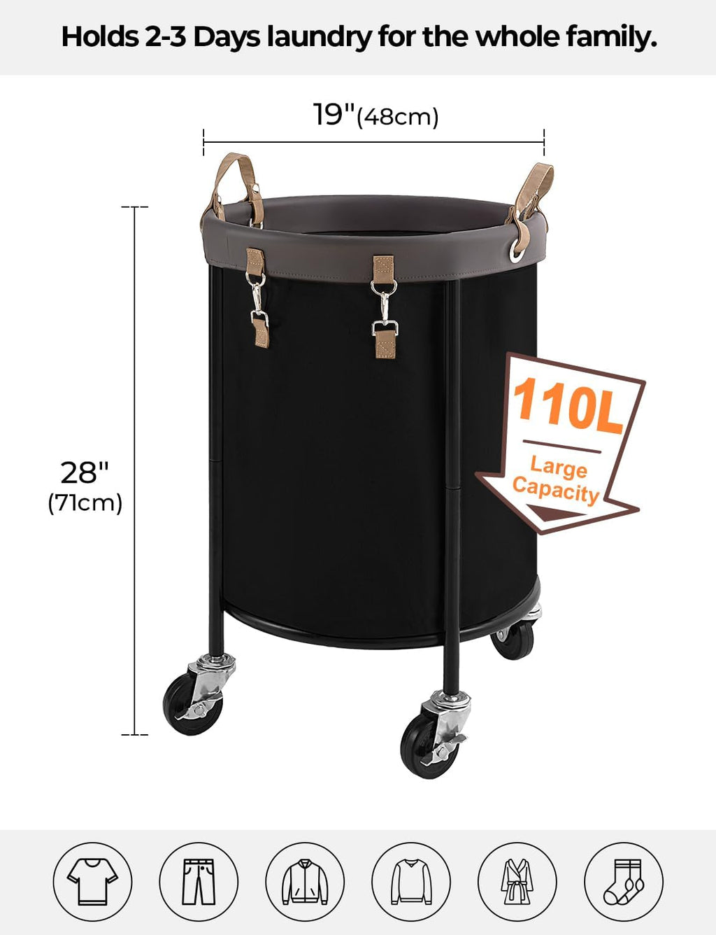 StorageWorks Rolling Laundry Basket - 110L Clothes Hamper with Wheels & Removable Bag - Black