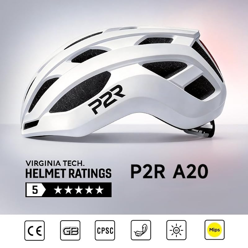 P2R A20 MIPS Bike Helmet with Rear LED Light - Large White Adult & Teen Cycling Safety