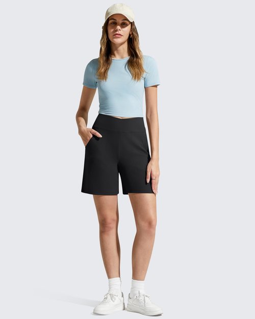 G4Free Shorts for Women Athletic Summer High Waisted Soft Wide Leg Dressy Casual Shorts with Pockets for Running Workout(Black,L)