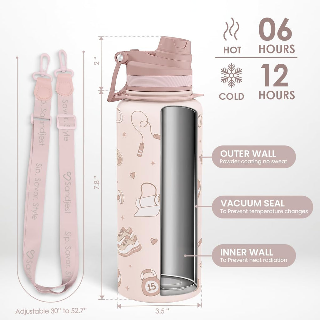 SANDJEST Stainless Steel Water Bottle - 32oz Insulated Gym Bottle with Straw & Spout Lid | Perfect for Travel & Outdoor Gifts