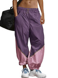 Fisoew Womens Baggy Wide Leg Pants Casual Elastic Waist Color Block Loose Workout Track Pants with Pockets Violet