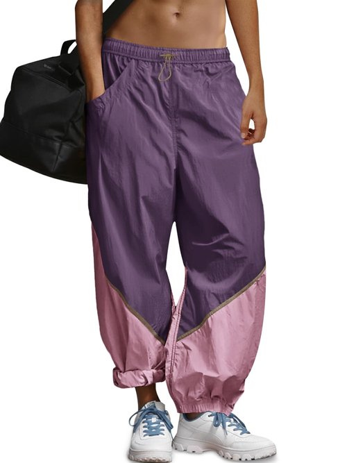 Fisoew Womens Baggy Wide Leg Pants Casual Elastic Waist Color Block Loose Workout Track Pants with Pockets Violet