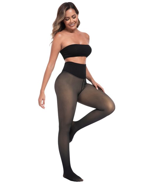 CHRLEISURE Women's Fleece Lined Tights - Fake Sheer Warm Pantyhose Thick Winter Leggings(SY Black, XS/S)