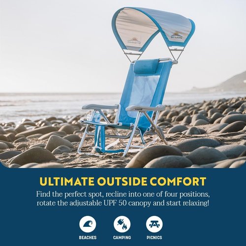 GCI Outdoor Sunshade Backpack Beach Chair - Reclining Folding Canopy with Drink Holder & Carry Straps | Saybrook Blue