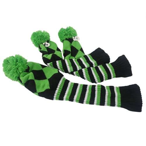 HIFROM 3pcs/Set Golf Club Argyle Knit Head Covers Headcovers Vintange Pom Pom Sock Covers 1-3-5 Replacement for Driver & Woods Green & Black