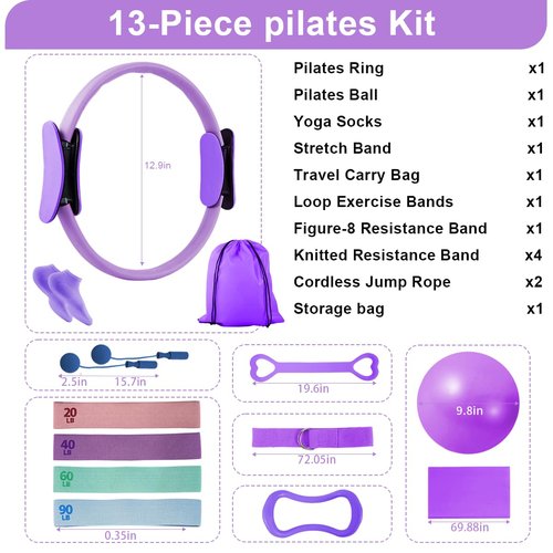 CoreHarmony Home Pilates Workout Set for Women, Magic Circle Ring with Mini Ball, Stretch Loop Band, Workout Towel and Grip Socks, Valentine’s Day Gift for Her