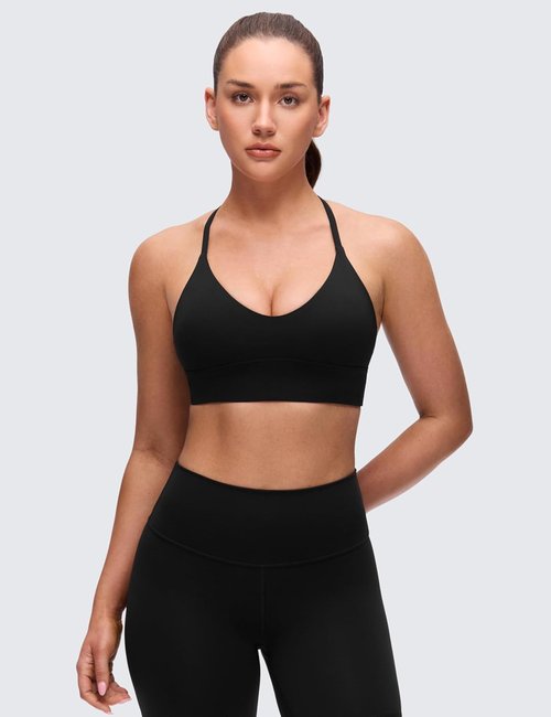 CRZ YOGA Butterluxe Sports Bra - Padded V Neck Longline Crop Top with Spaghetti Straps for Women