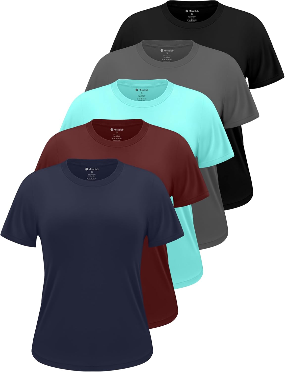 Skiennix Workout Tops for Women - Crew Neck Dry Fit Short Sleeve Athletic T-Shirts | 5 Pack for Gym & Yoga
