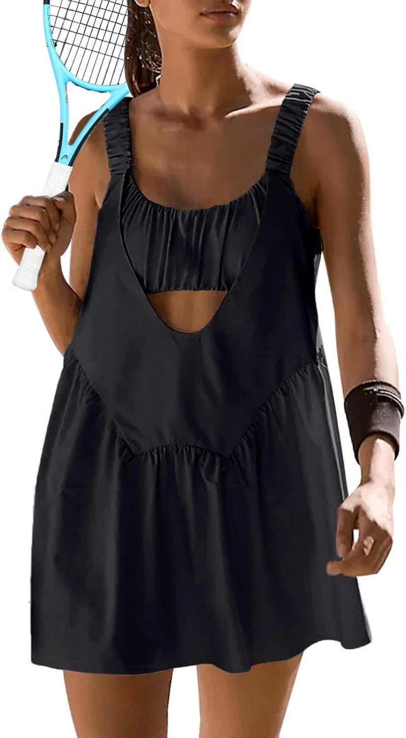 Sexyasasii Tennis Dress for Women - Built-In Shorts & Bra, Casual Backless Design, Athletic with Pockets