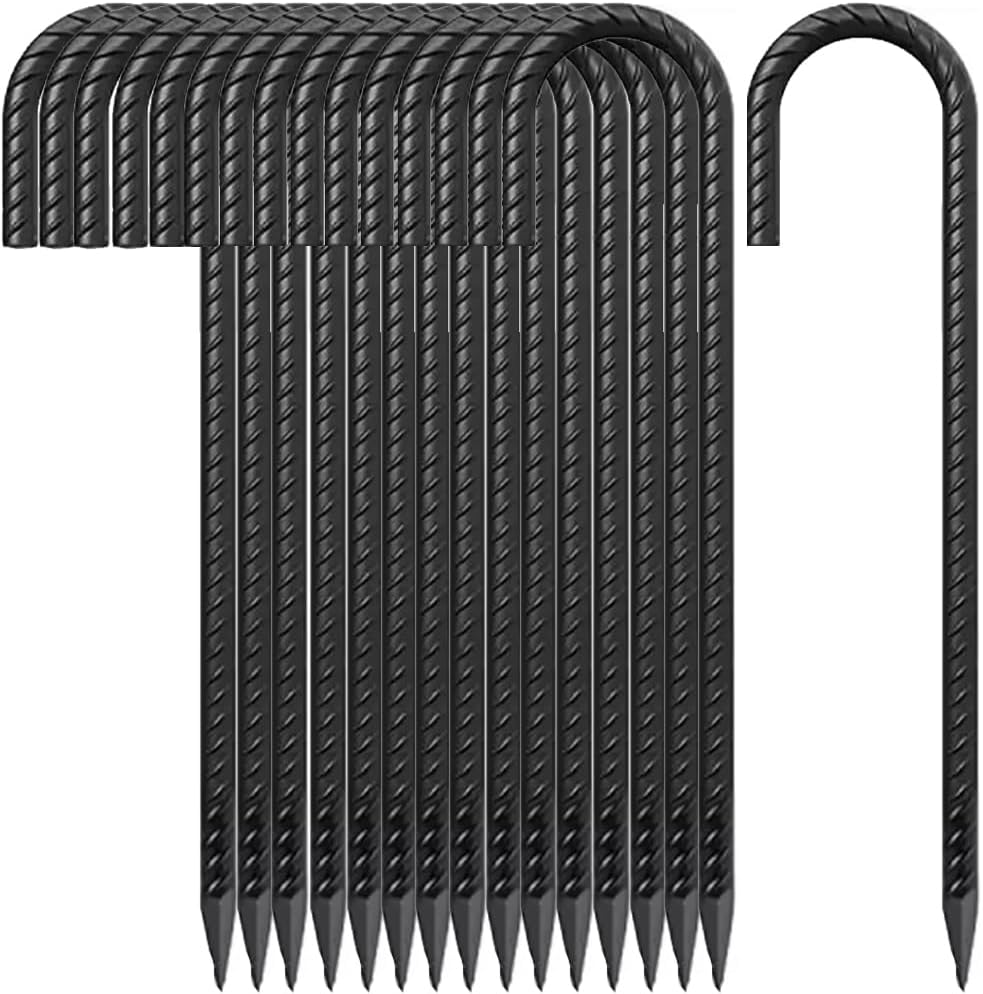 Skiennix 12-Inch J Hook Rebar Stakes - Durable Metal Ground Stakes for Tents & Fences | 16-Pack, Black