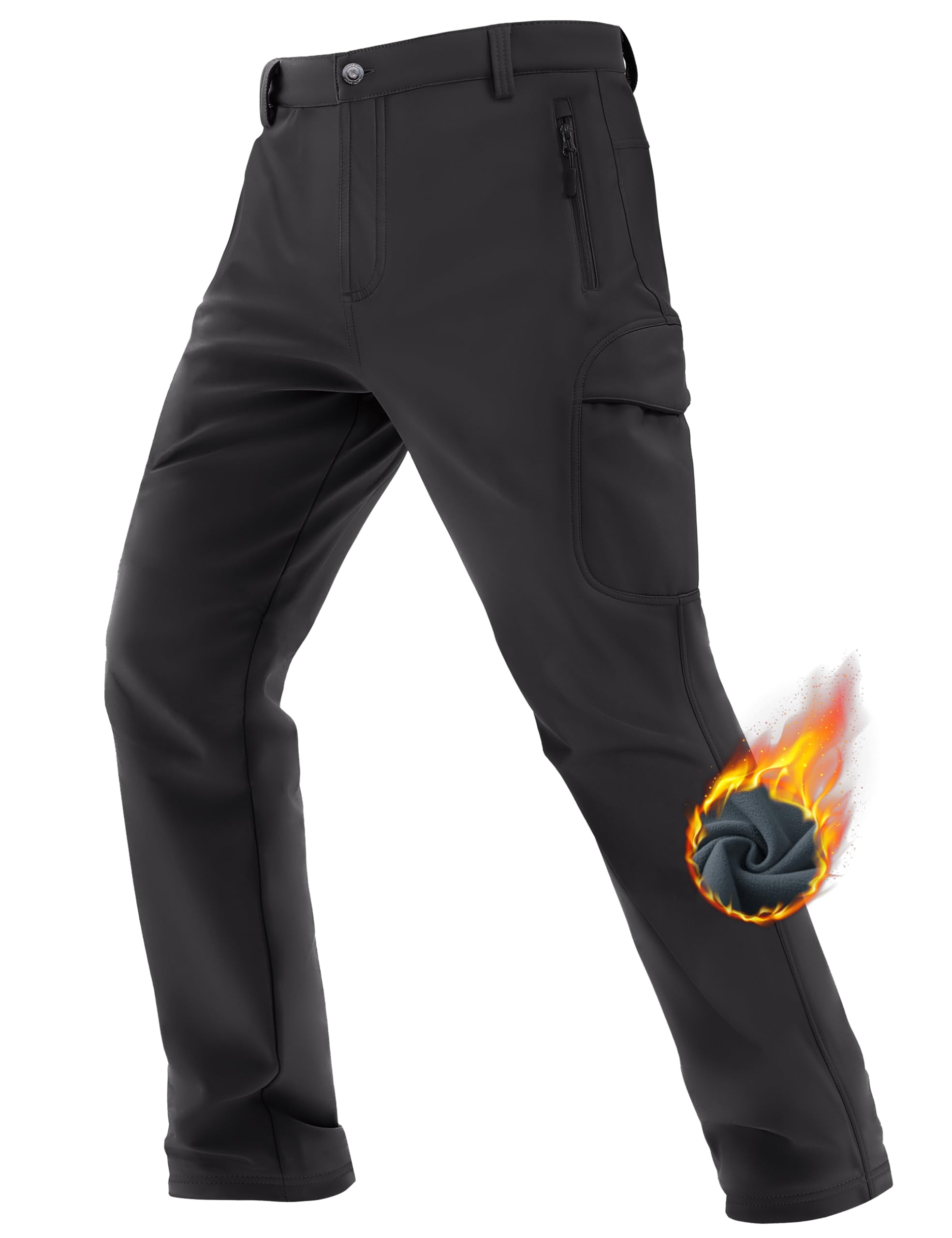 TACVASEN Winter Pants for Men Work Cargo Fleece Lined Waterproof Cold Weather Snow Softshell Tactical Hiking Ski Rain Pants Black 34