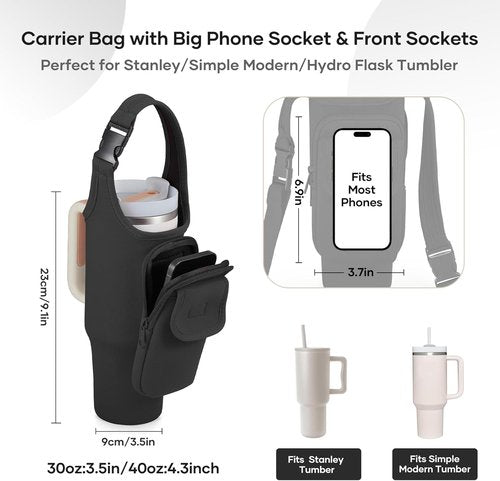 Bufilea Carrier Bag with Phone Holder Pockets for Stanley 40/30oz Tumbler with Handle, Insulated Neoprene Crossbody Bag Cup Holder w/Shoulder & Handheld Straps Fits Stanley Cup Accessories