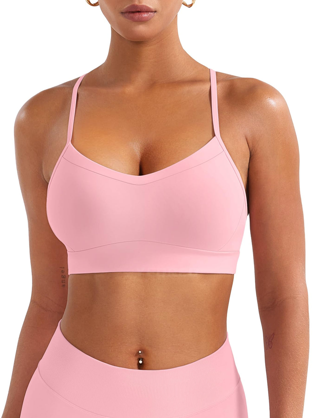 YEOREO Luciny Workout Y Back Sports Bras for Women Spaghetti Straps Racerback Padded V Neck Medium Impact Gym Bra Yoga Top Pink-S