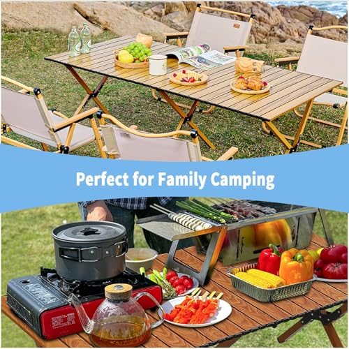 KAIHAOWIN 4Ft Aluminum Folding Camping Table with Wood Upgraded Finish, Portable Outdoor Picnic & Beach Table