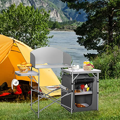 GIANTEX Grey Folding Camp Grill Table with Detachable Windscreen & Carry Bag
