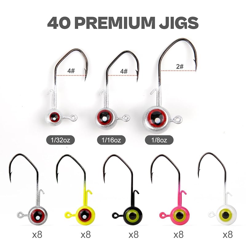 40-Pack Fishing Jig Heads 1/32-1/8oz - 5 Colors Kit for Panfish, Walleye, Bass (Style1+1/16) - 40 PCs