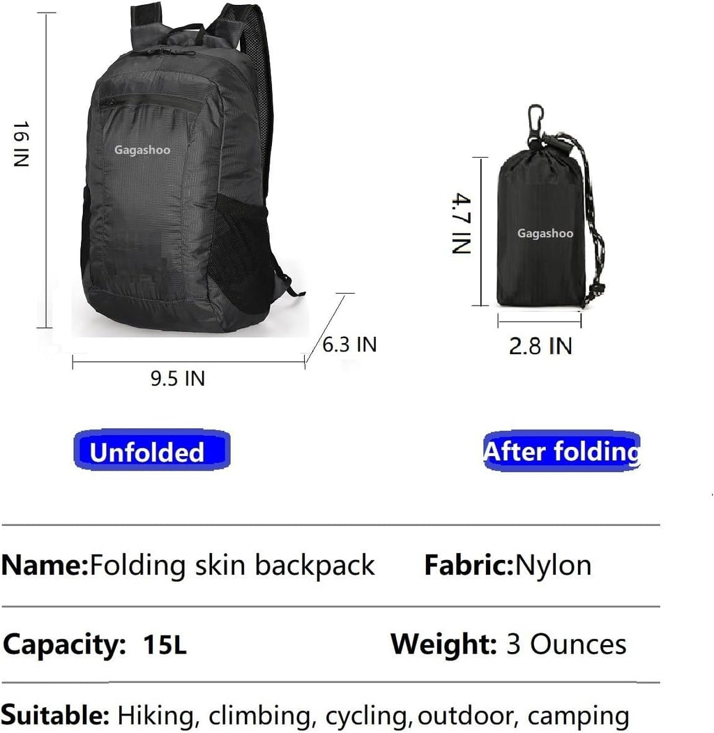 Skiennix Small Foldable Hiking Daypack - Lightweight Casual Backpack for Camping & Travel (Black)