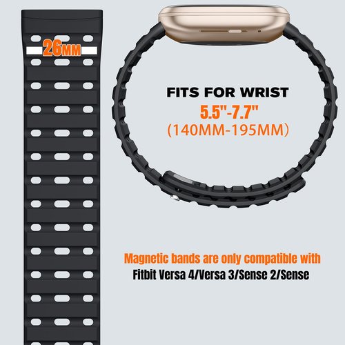 Bandletic Magnetic Watchband Compatible with Fitbit Versa 4 Bands for Men and Women, Rugged Silicone Sport Replacement Gifts Strap for Fitbit Versa 3/Sense 2/Sense, Black