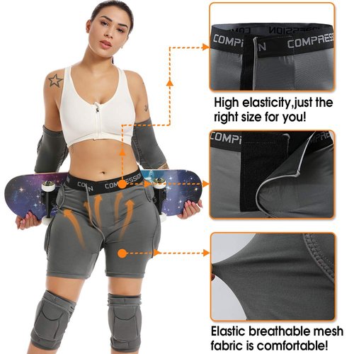 Shinestone Protective Padded Shorts Detachable Protection Pants (Grey,Medium)