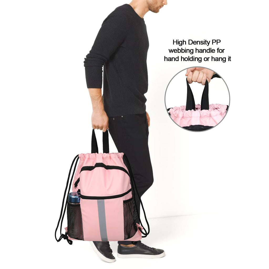 BeeGreen Pink Drawstring Backpack Bag with Shoe Compartment X-Large Gym Sports String Cinch Sackpack with Front Inside Zipper Pockets