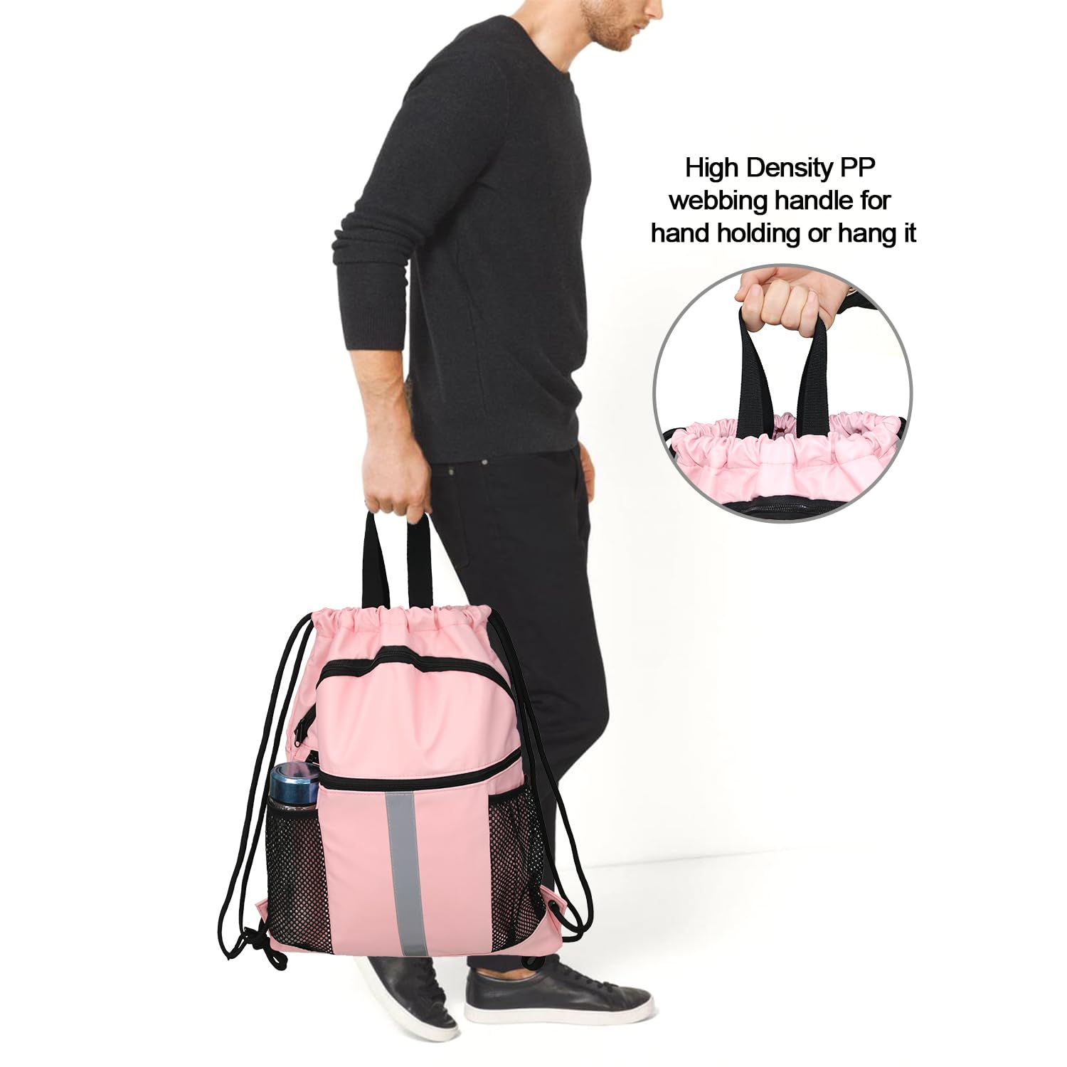 BeeGreen Pink Drawstring Backpack Bag with Shoe Compartment X-Large Gym Sports String Cinch Sackpack with Front Inside Zipper Pockets