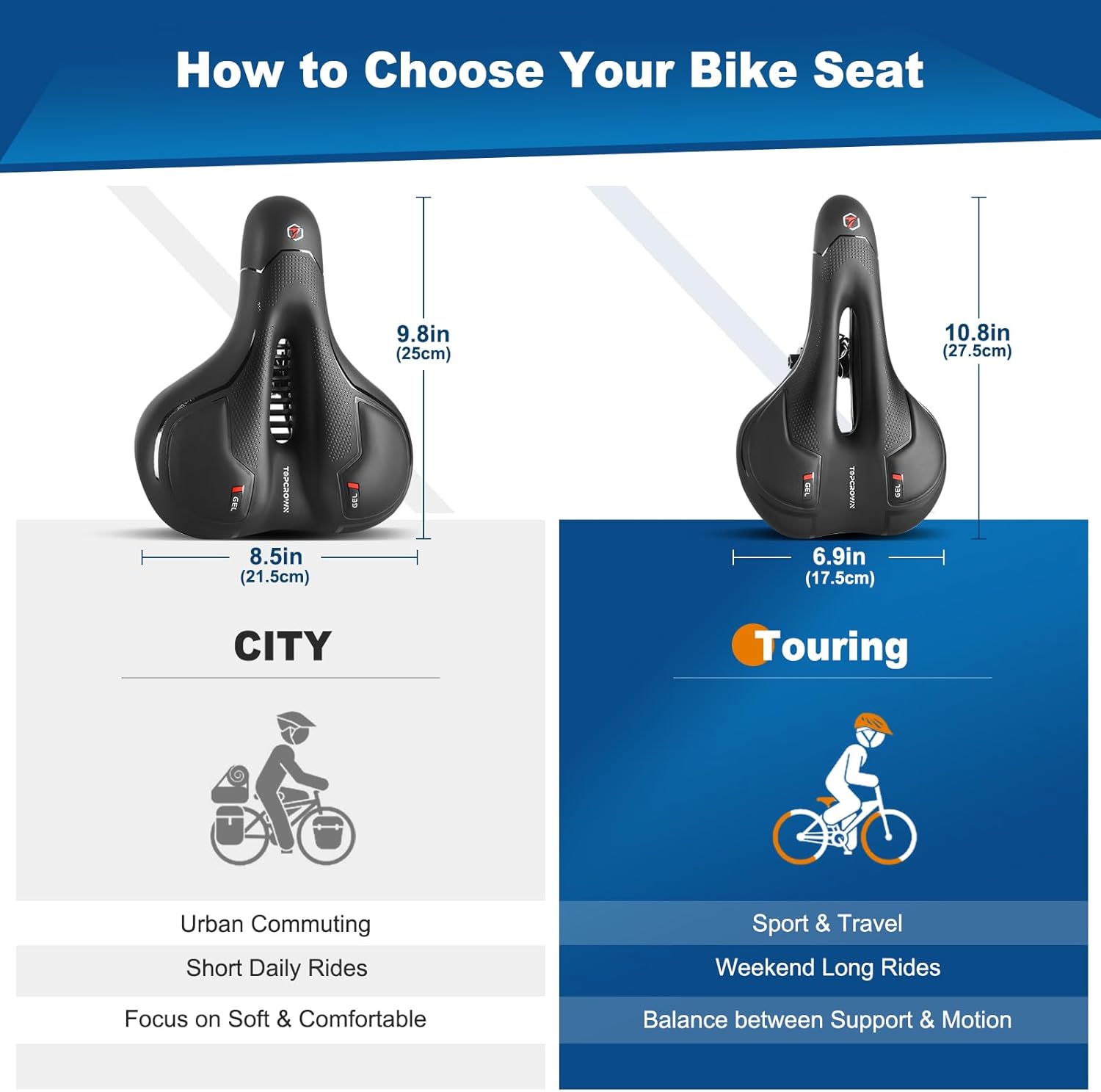 Topcrown Bike Seat - Comfort Wide Bicycle Saddle with Waterproof Design & Memory Foam Cushion | Fits Mountain, Road & Exercise Bikes